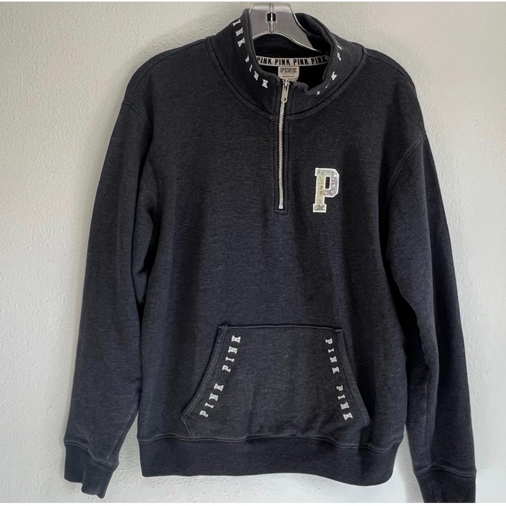 Victoria's Secret Pink Sequined Long Sleeve 1/4 Zip Charcoal Sweatshirt Size S